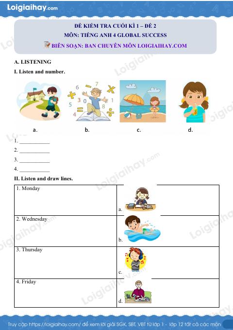 Đề thi học kì 1 Tiếng Anh 4 Global Success - Đề số 2